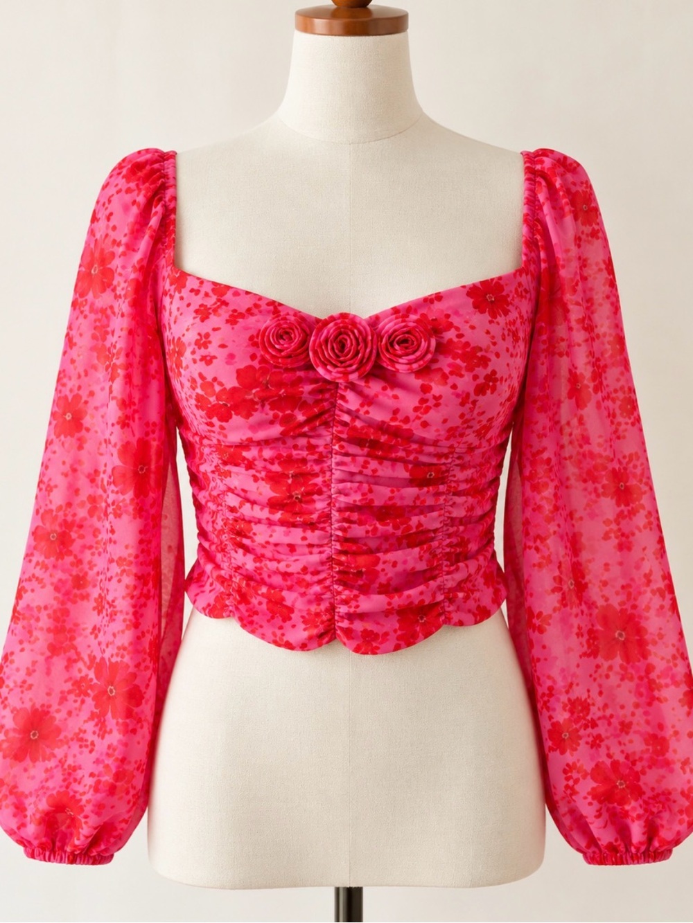 Free People Oh Lala Pink Floral Ruched Rosette Puff Sleeve Top Small